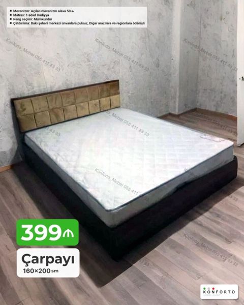 Çarpayı – 160×200 sm Xüsusiyyətlər: - Başlıq: yumşaq, kvadrat tikişli — Bakı