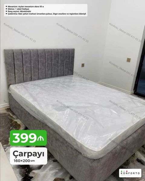 Çarpayı – 160×200 sm - Yumşaq məxməri üslublu başlıqla, yastı baza — Bakı