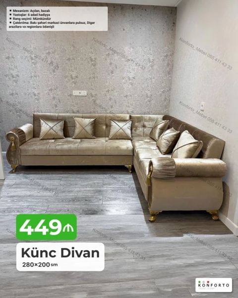 Künc Divan – 280×200 sm - Mexanizm: açılan, bazalı (yuxarı qalxan — Bakı