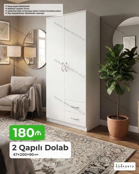 2 qapılı paltar dolabı – 47×200×90 sm - Material: 18 mm laminat — Bakı