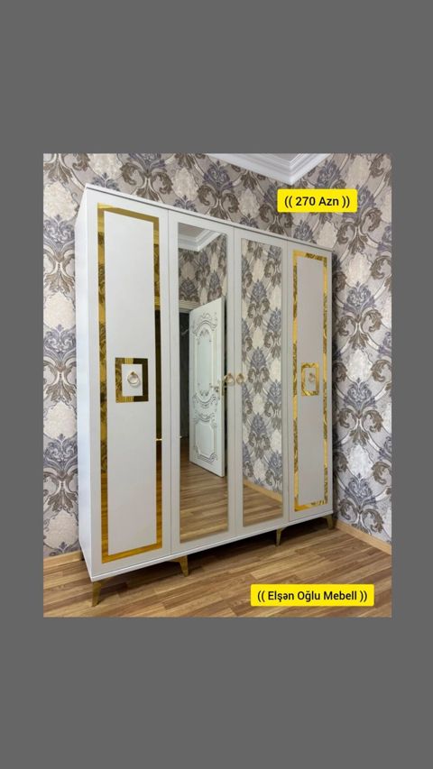 Yeni, 4 qapılı, Güzgülü, Ağ, Açılan, Düz dolab — Bakı