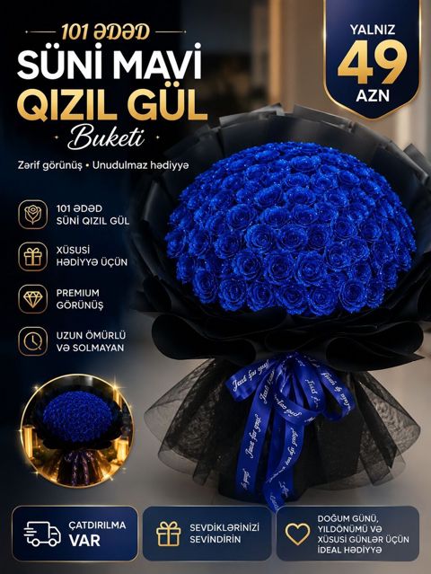 101 ədəd süni mavi qızıl gül buketi - Zərif görünüşlü, unudulmaz — Bakı