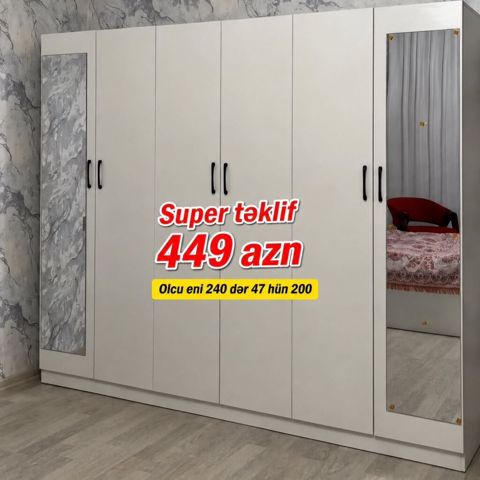 Yeni, 6 qapı, Güzgülü, Bej, Açılan, Düz dolab — Bakı