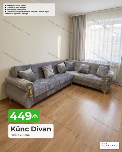 Künc Divan – 280×200 sm - Mexanizm: açılan, bazalı (yataq və anbar — Bakı