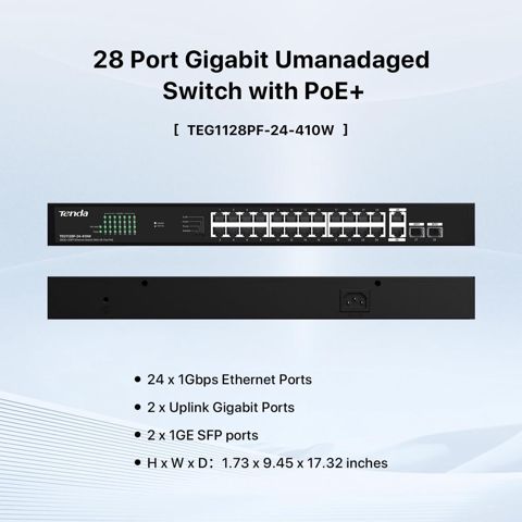 Tenda TEG1128P-24-410W 28 Port Gigabit Rackmount PoE Switch (410W) — Bakı