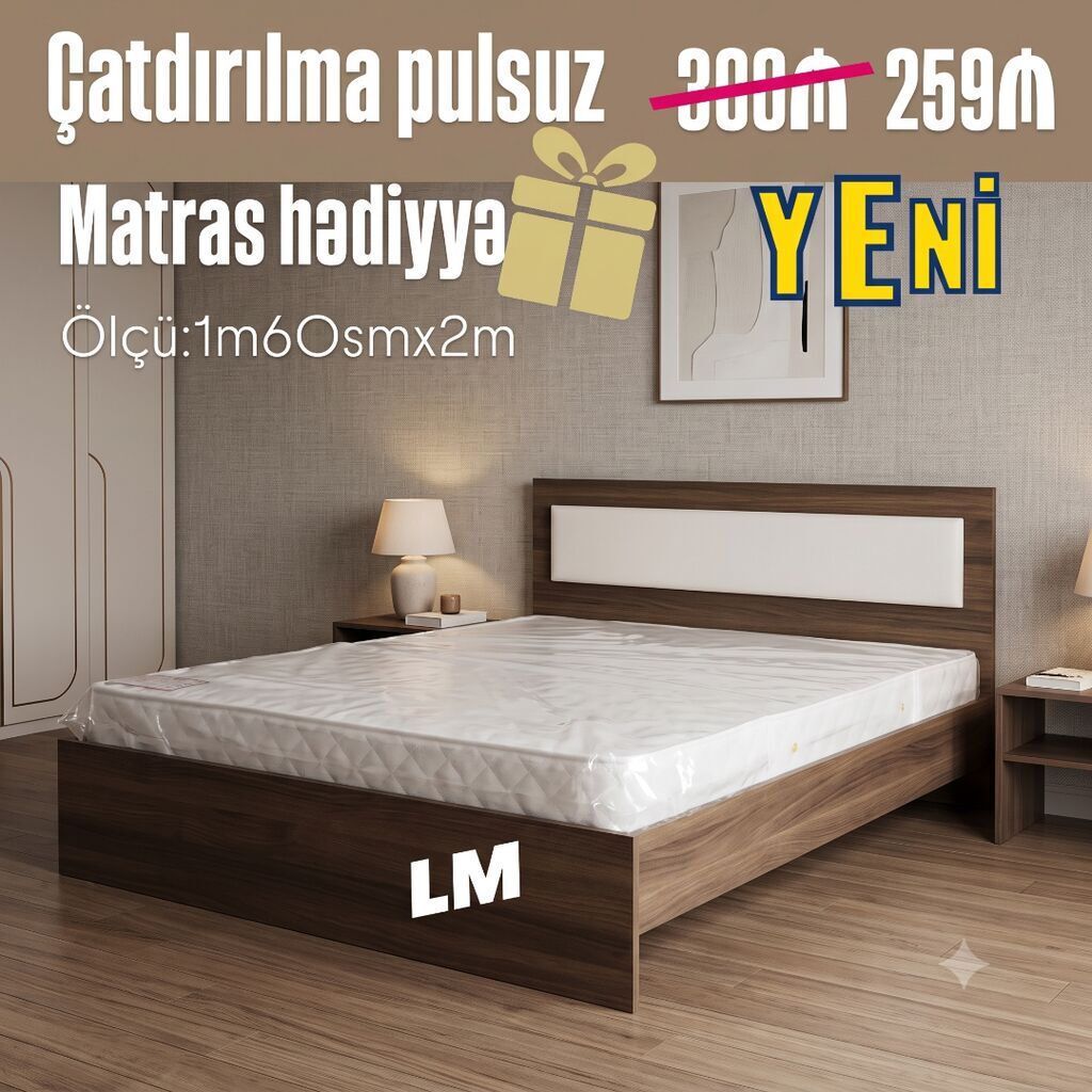 Yeni, İkinəfərlik çarpayı, Matras ilə — Mebel, Bakı (2)