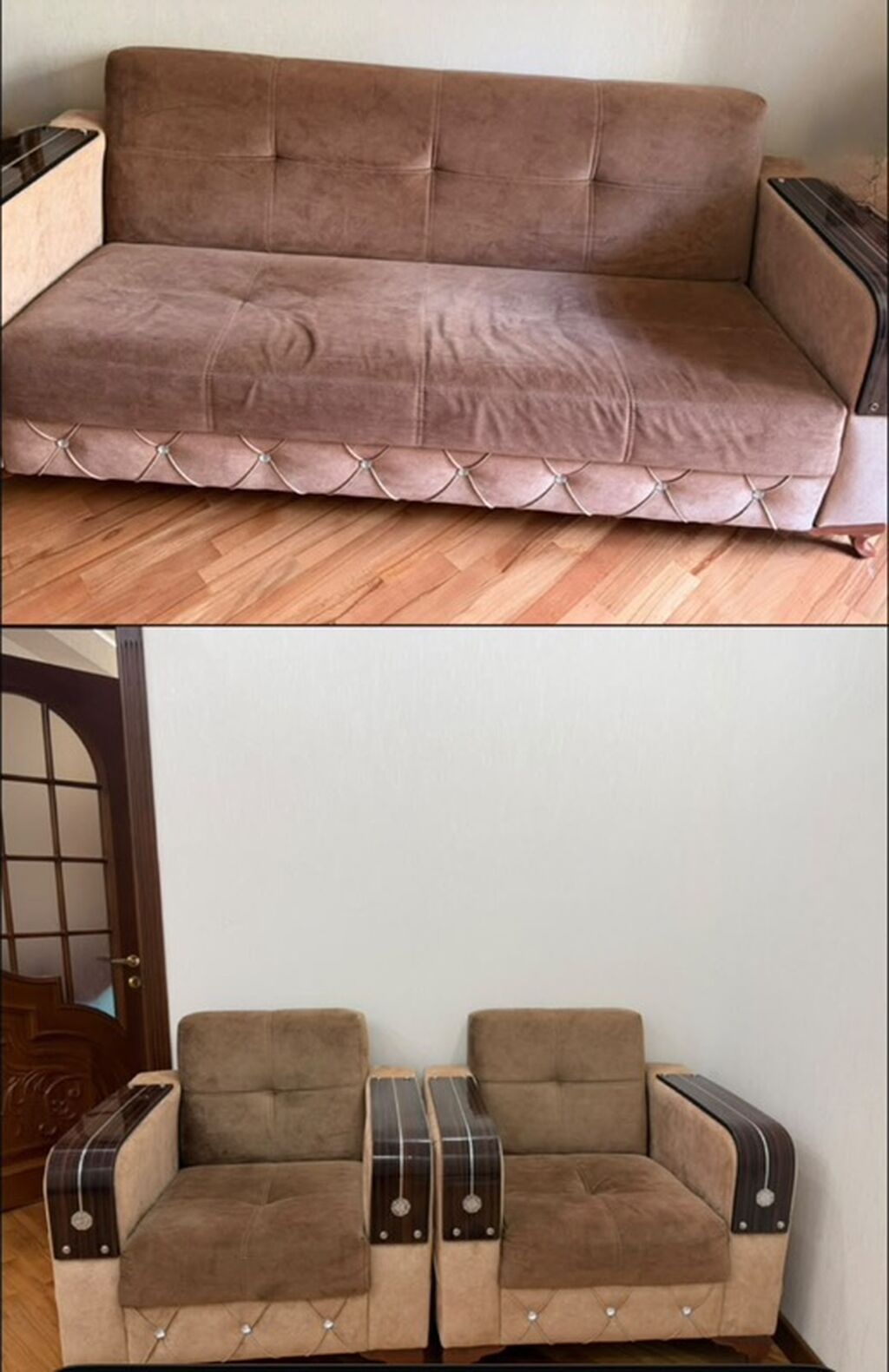 Qonaq otağı üçün 3-lü dəst: 1 divan + 2 kreslo - Rəng: qəhvəyi/bej — Mebel, Bakı