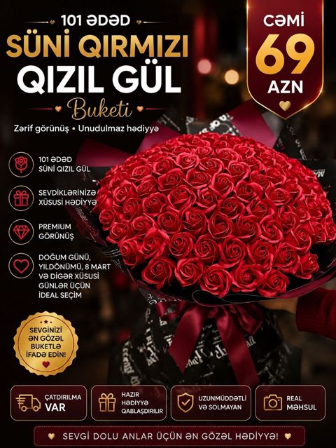 101 ədəd süni qırmızı qızılgül buketi - Zərif və premium görünüş