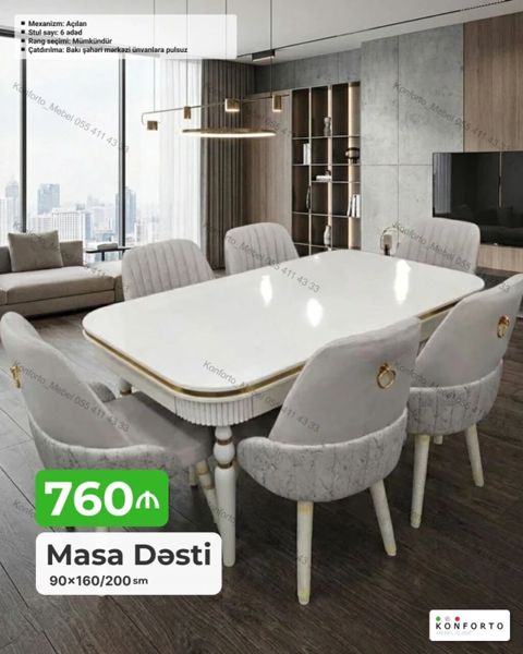 Masa dəsti – 6 stullu, açılan mexanizmli Ölçü: 90×160/200 sm — Bakı