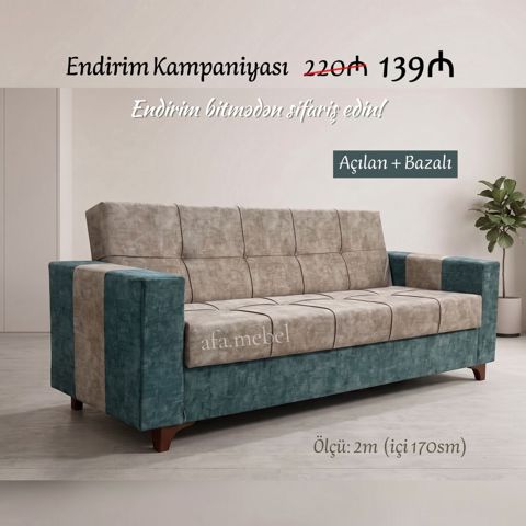Açılan və bazalı divan - Ölçü: ümumi 2 m (yataq hissəsi 170 sm) — Bakı