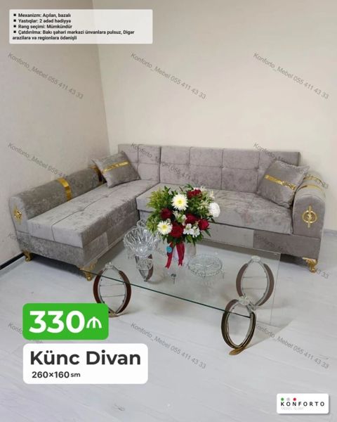 Künc Divan – 260×160 sm - Mexanizm: açılan, bazalı (yuxarıdan — Bakı