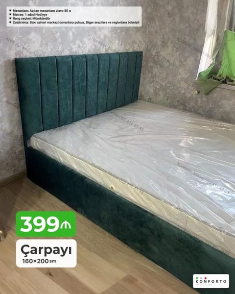 Çarpayı – 160×200 sm - Yumşaq məxməri parça ilə üzlənmiş, hündür və — Bakı