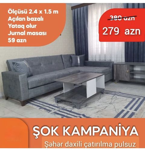 Künc divan dəsti - Ölçü: 2.4 x 1.5 m - Açılan bazalı konstruksiya — Bakı