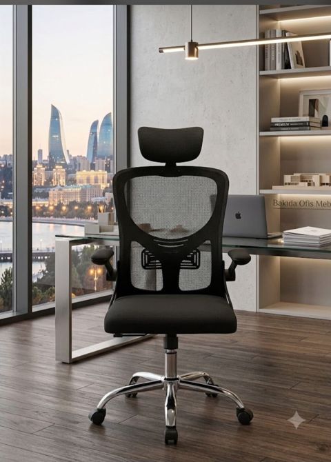 Erqonomik ofis kreslosu – mesh arxalıq və tənzimlənən başlıqla — Digah