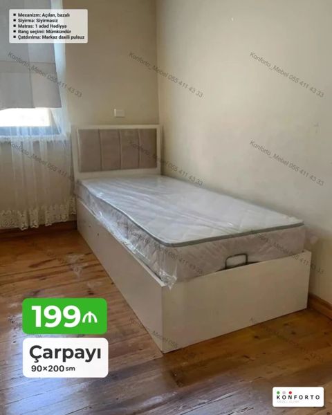 Çarpayı – 90×200 sm - Mexanizm: açılan, bazalı (yataqaltı geniş — Bakı
