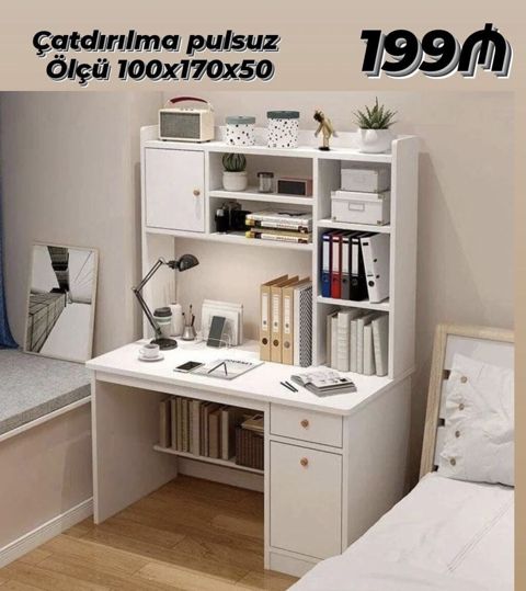 Ağ rəngli funksional iş masası və üst rəflər dəsti. Ölçü: 100x170x50 — Bakı