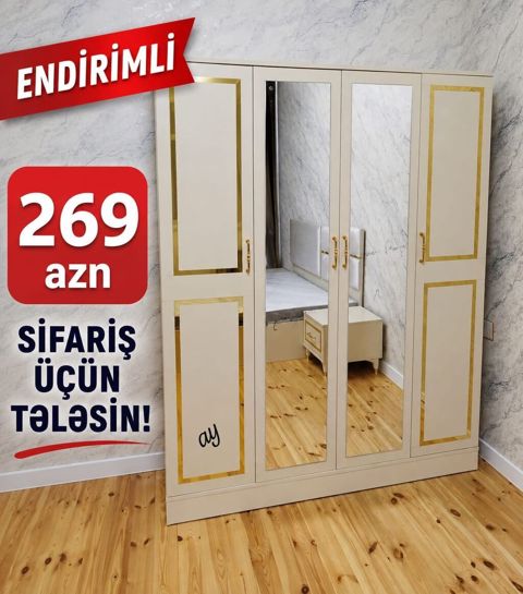 Endirimli 4 qapılı paltar şkafı - Rəng: krem tonlarında, qızılı — Bakı