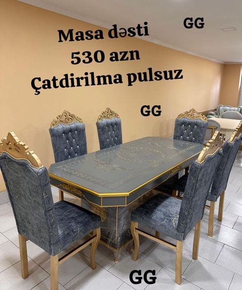 Masa dəsti – klassik üslubda 1 masa + 6 stul - Rəng: Boz-qızılı dekor — Bakı