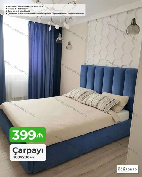 Məhsul: Yumşaq başlıqlı çarpayı Ölçü: 160×200 sm Qiymət: 399 — Bakı