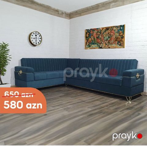 Məhsul: L‑şəkilli künc divan - Rəng: tünd mavi - Parça: yumşaq — Bakı