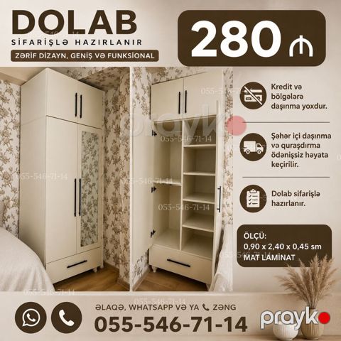 Düz dolab, Paltar üçün, Açılan, Korpuslu, 2 qapılı — Bakı