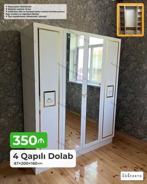 4 qapılı dolab – 47×200×160 sm - Material: 18 mm laminat - Dizayn: Ağ — Bakı