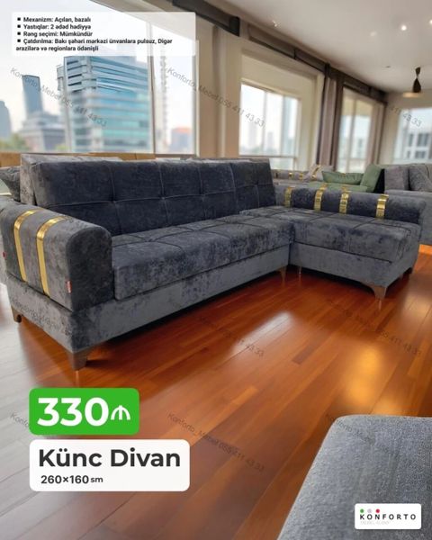Künc Divan – 260×160 sm - Rahat L‑şəkilli dizayn, yumşaq oturacaqlar — Bakı
