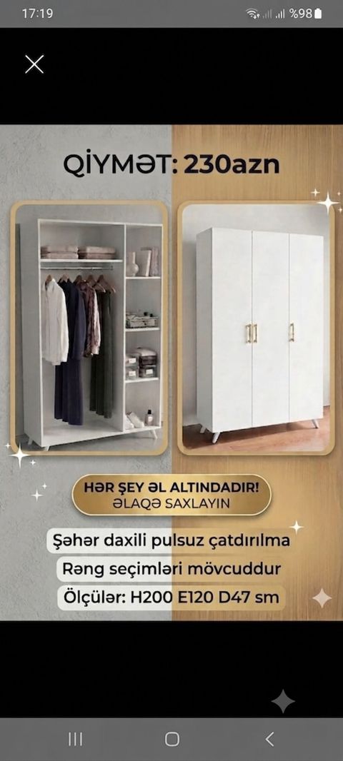 Məhsul: 3 qapılı paltar dolabı Dolab.H-200,E-120,D-47 Baki-Sumqayit — İsmayıllı