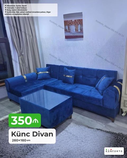 Künc Divan – 260×160 sm - Model: Açilən, bazalı mexanizm - Komplekt — Bakı