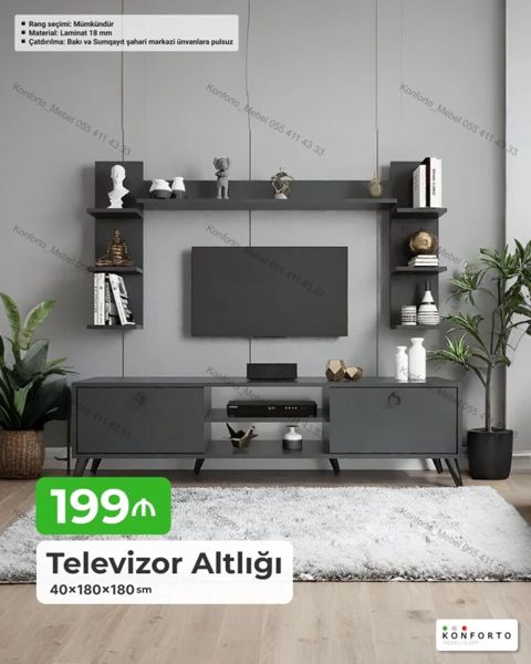 Televizor altlığı və asma rəf-dolab dəsti - Ölçü: 40×180×180 sm — Bakı