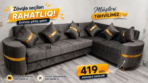 Müasir künc divan – zövqlə seçilən rahatlıq - Rəng: tünd boz - Parça — Bakı