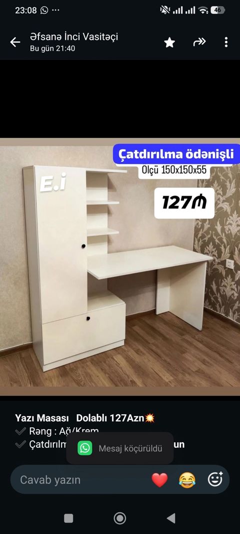 *Yazı Masası Dolablı 127Azn Rəng Ağ/Krem Çatdırılma — Bakı
