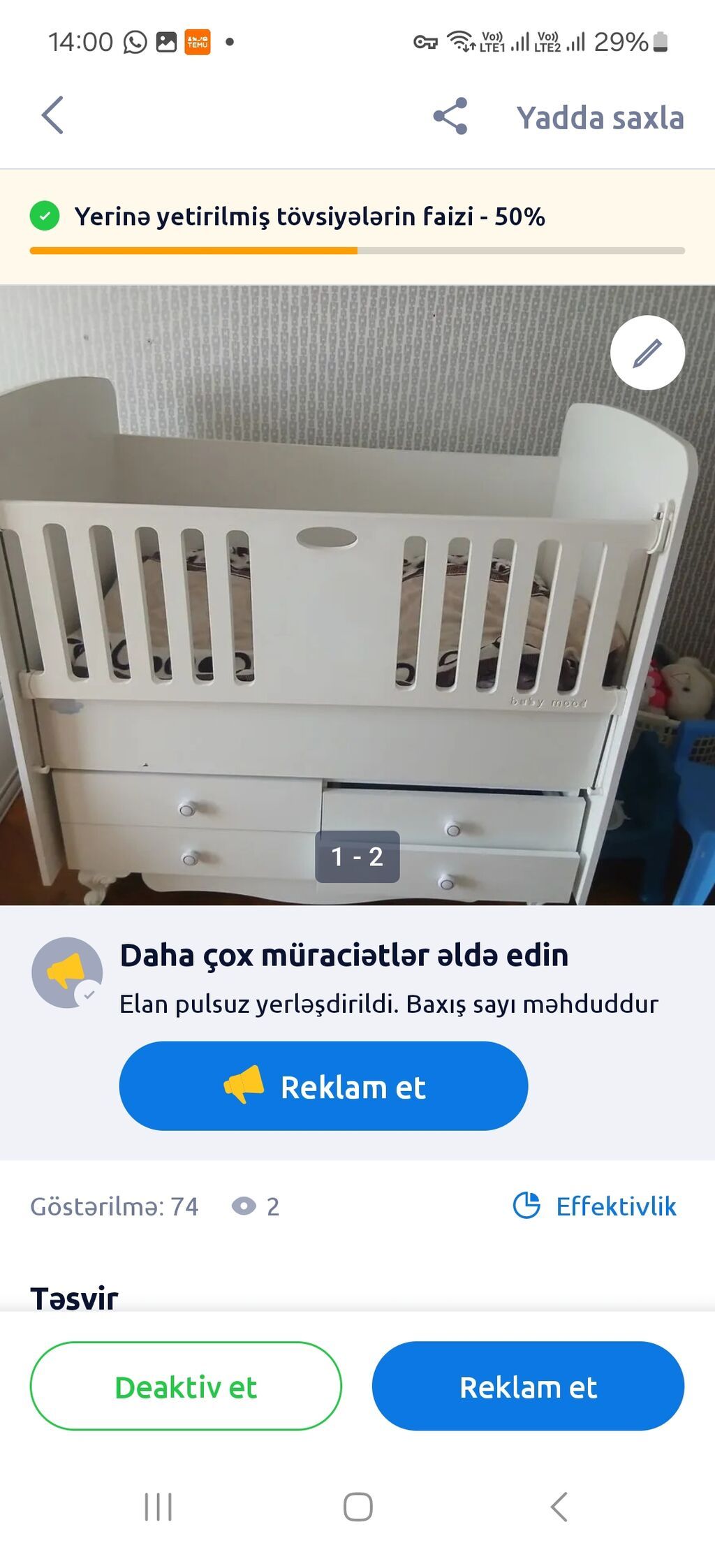 Uşaq beşiyi – “Baby Mood” tipli transformasiya olunan model. - Rəng — Mebel, Bakı