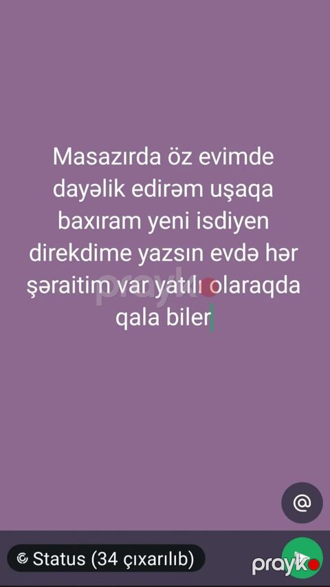 Sumqayıt uşağa baxıcılıq xidməti təklif olunur. Xidmət öz evimdə