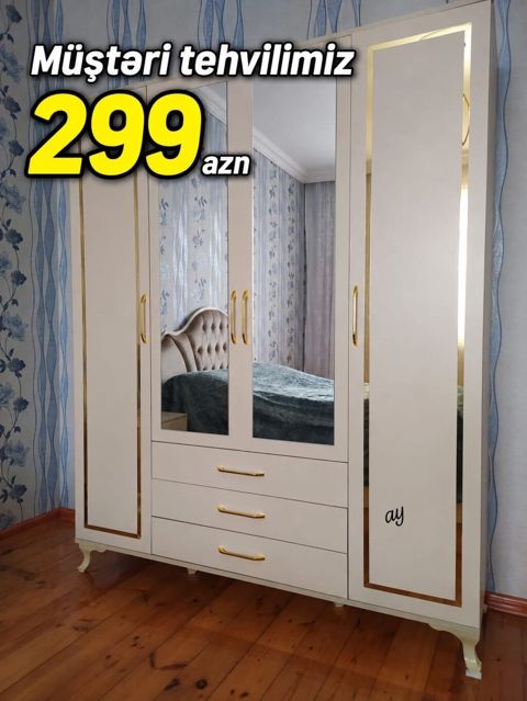 Ağ rəngdə zərif dizaynlı paltar dolabı. - 5 qapılı konstruksiya — Bakı