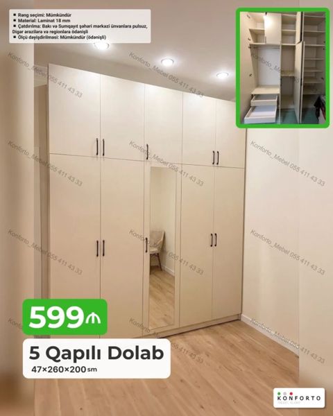 5 Qapılı Dolab – 47×260×200 sm - Material: 18 mm laminat - Rəng — Bakı