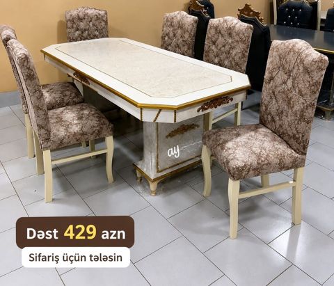Yemək otağı dəsti – 1 masa + 6 stul - Klassik üslubda, qızılı naxış — Bakı