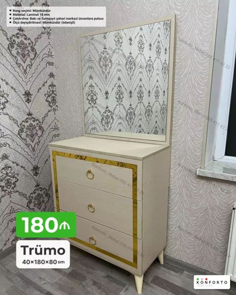 Trümo – 40×180×80 sm - Dizayn: İncə çərçivəli böyük güzgü, 3 geniş — Bakı