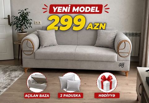 Yeni model açılan bazalı divan - Rəng: Açıq boz - Dizayn: Yumru qol — Bakı