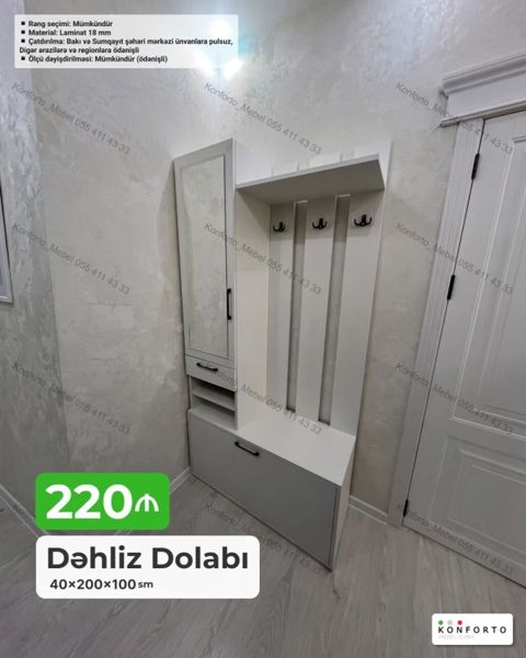 Dəhliz dolabı – 40×200×100 sm - Minimalist dizaynlı kombinə edilmiş — Bakı
