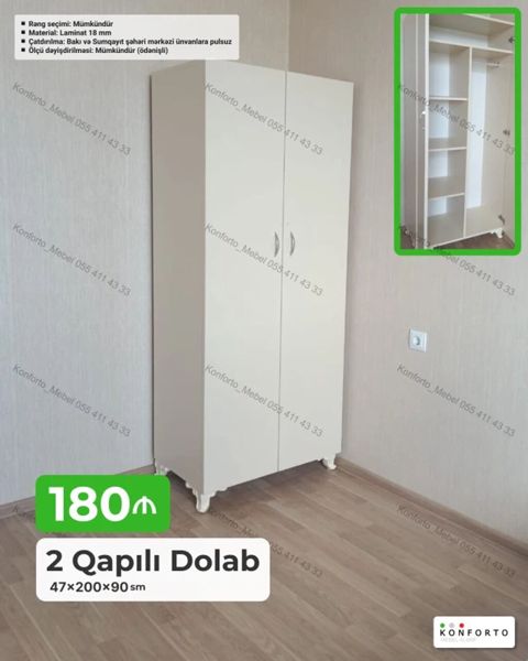 2 qapılı paltar dolabı – 47×200×90 sm Xüsusiyyətlər: - Material: 18 — Bakı