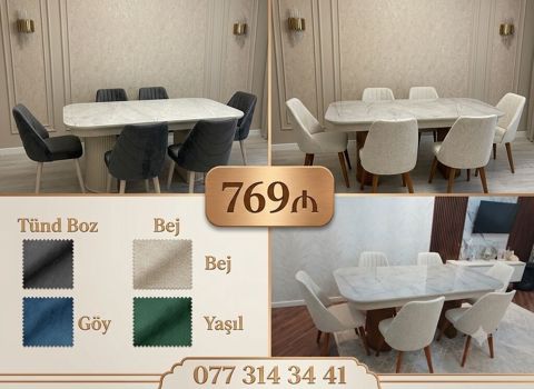 Mərmər naxışlı yemək masası və 6 ədəd stul dəsti - Masa — Xırdalan