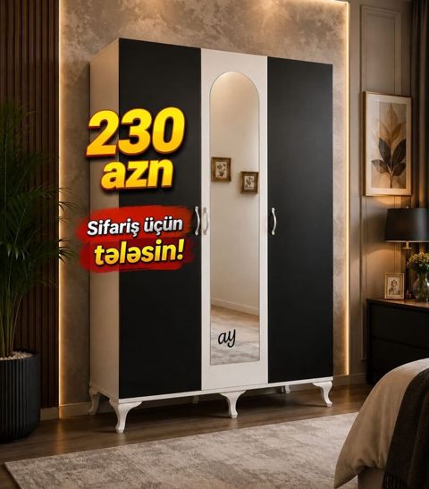 Üç qapılı paltar dolabı – 230 AZN. - Rəng: qara-ağ kombinasiyası — Bakı