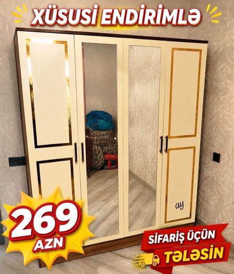 Dörd qapılı paltar şkafı – krem rəngli korpus, qızılı dekor xətləri və — Bakı