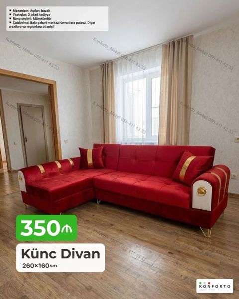 Künc Divan – 260×160 sm - Mexanizm: açılan, bazalı (alt hissə saxlama — Bakı