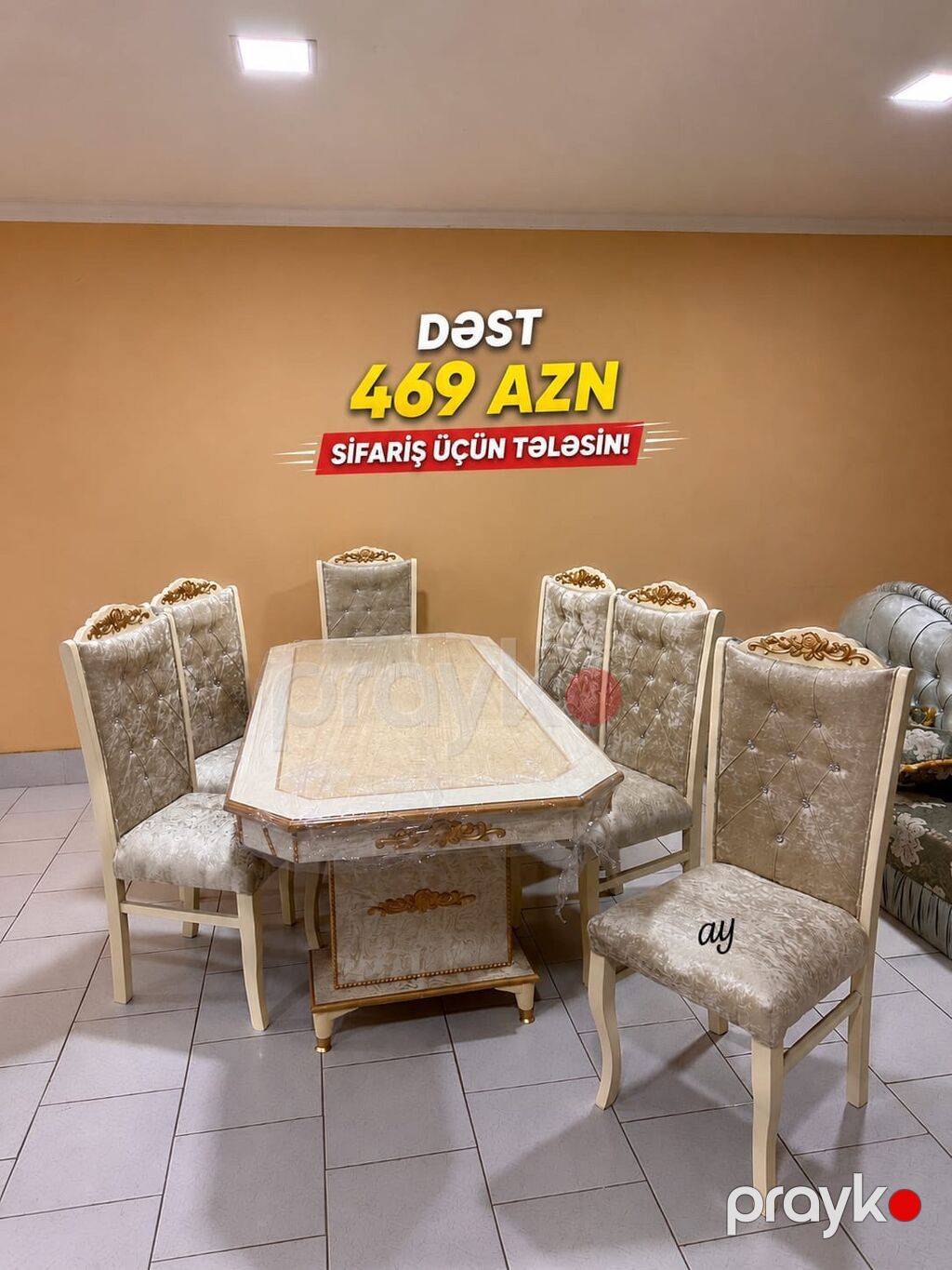 Yemək otağı dəsti - Komplekt: 1 masa + 6 stul - Rəng: krem/bej — Mebel, Bakı