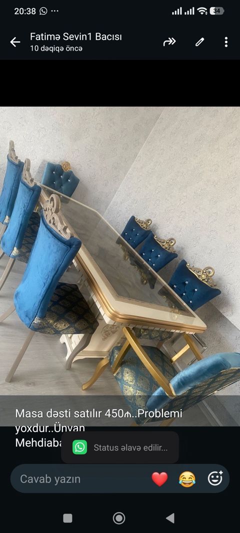 Masa dəsti satılır 450₼. Problemi yoxdur. Ünvan — Bakı