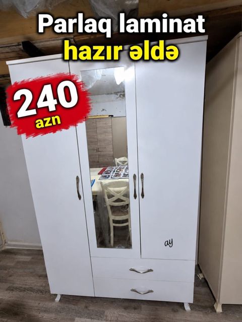 Laminat şkaf - Material: laminat səth - Rəng: ağ - Dizayn: 3 qapılı — Bakı