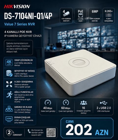4 Kanallı PoE NVR Hikvision — Bakı