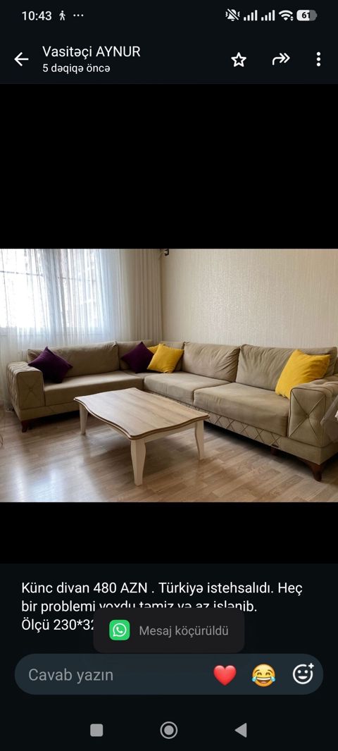 Künc divan 480 AZN Türkiyə istehsalıdı. Heç bir problemi yoxdu təmiz — Bakı
